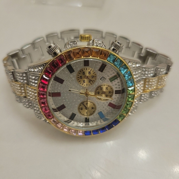 Men's Luxury Iced Crystal Rainbow Inlaid Simulated Diamond Steel Quart Watch - Picture 7 of 10